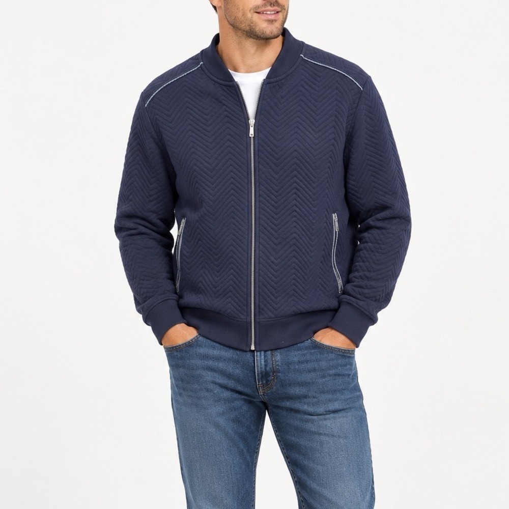 Robert Barakett Mens Navy Blue Chevron Quilted Bomber Jacket Large